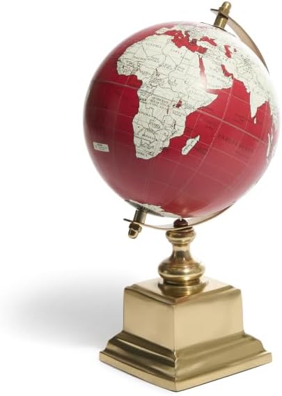 Deep Red Decorative Globe – 10.75″ on Gold Aluminum Base, Tilted Axis World Map Accent for Mantel, Shelf, Desk & Office Decor