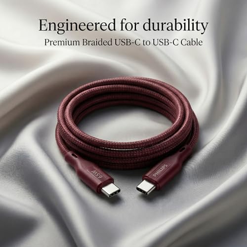Image of PHILIPS DLC4160CI /94 65W Type-C to Type-C Fast Charging Cable (2m, Iron Red) | Nylon Braided | Compatible with iPhone 15+ Series, USB-C iPad Models, Samsung Galaxy & All Type C Devices
