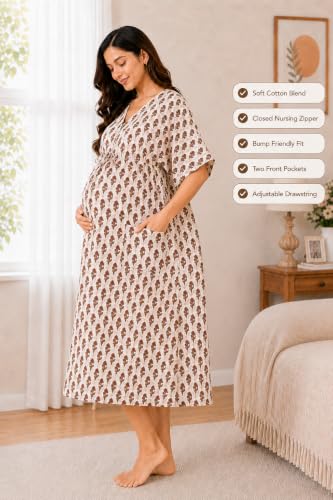 Image of Noty Women's- Kaftan | Maxi | Maternity | Feeding | Delivery Gown- Cotton Fabric- V Neck | Floral Print | 2 Pockets | Midi