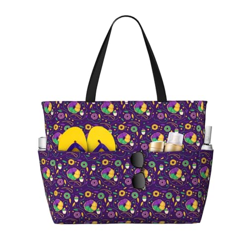 Large Beach Bags Water-resistant Sandproof - Mardi Gras and Donuts Cute Beach Tote Bags for Women with Zipper