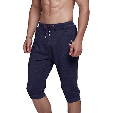 YSENTO Men's Cotton 3/4 Shorts Gym Capri Pants Breathable Below Knee Short Pants with Pockets(Blue,32) Cover