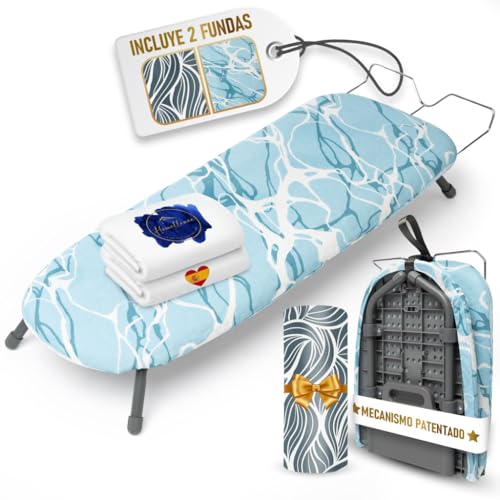 Homellence Tabla de Planchar Plegable Pequeña de Mesa - Tabla de Planchar Sobremesa con 2 Fundas Premium con Mecanismo Patentado para Mayor Estabilidad - Ahorra Espacio en Casa y Viajes (Azul)