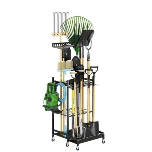 Bxzzuis ガーデンツール収納 鉄製 園芸道具整理スタンド シャベルホルダー 滑車付き 簡単移動 省スペース 多機能倉庫ストレージ 車庫/倉庫/庭用 工具整理ラック 清掃道具収納 (車輪付き)