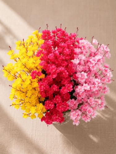 Image of ARTSY Artificial Flowers Bunch for Decoration Cherry Blossom, Ideal for vase, Home, Office Decor, Gifts, Craft, Artificial Plants for Decoration, Without vase, Assorted, Combo, 3 Piece, 55 cm Height