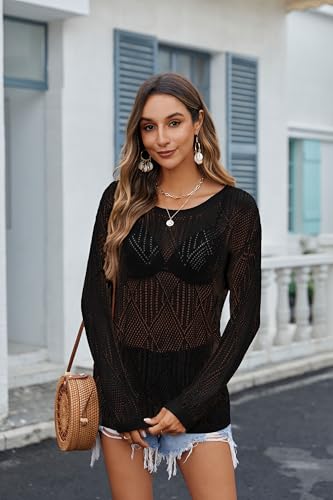 Image of Zeagoo Crochet Tops for Women Off The Shoulder Sweaters Summer Long Sleeve Hollow Out Knit Beach Clothes S-XXL