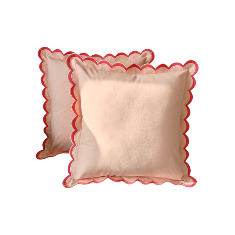 homesunshine scalloped edge embroidery pillow cover set of 2 | decorative throw pillow covers | boho-chic cushion covers for living room (pink)