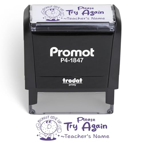 Promot Custom Teacher Stamps for Classroom Feedback & Rewards (Please Try Again) - Medium Personalized Grading Stamp with Multi-Color Ink Options - Quick-Dry Ink Teacher Book Stamp