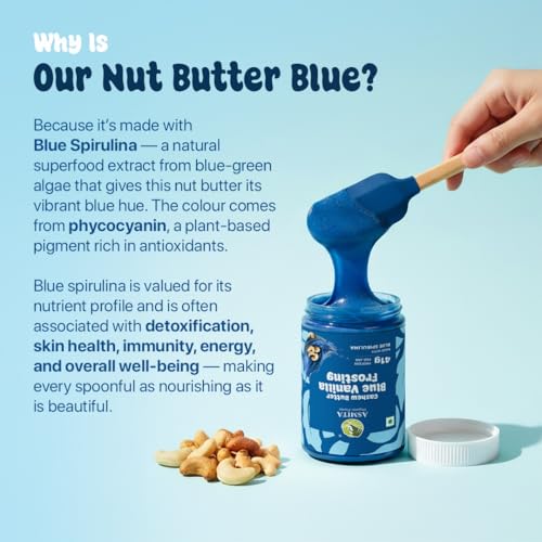 Image of Asmita Organic Farms Blue Spirulina Cashew Butter 250g | Vanilla Flavoured | No Added Sugar | Preservative-Free | Zero Palm Oil | High-Protein Nut Butter Spread for Bread, Smoothies & More