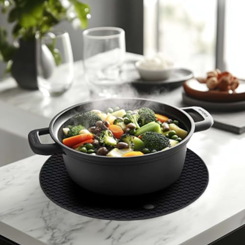 Image of Silicone Trivet Mats,Heat Resistant Pot Holders, Multipurpose Non-Slip Hot Pads for Kitchen Potholders, Hot Dishers, Jar Opener, Spoon Holder, Food Grade Silicone(Black Size Round 7''x7'')