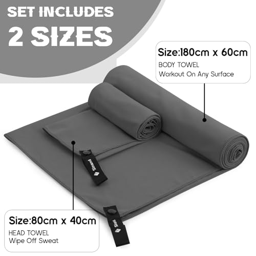 Sinand Mikrofaser Handtuch 2er Set | 180x60cm Groß Badetuch + 80x40cm Klein Hand Gesichtshandtuch | Schnelltrocknend Mikrofaser Handtücher, Sporthandtuch Fitnessstudio (Dunkelgrau)