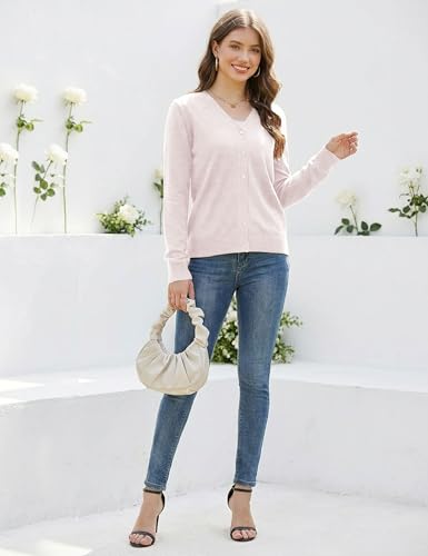 LaGracia Cardigan Sweaters for Women Long Sleeve V-Neck Wool Blend Lightweight Button Sweater Spring Tops Beige Pink L — view 6