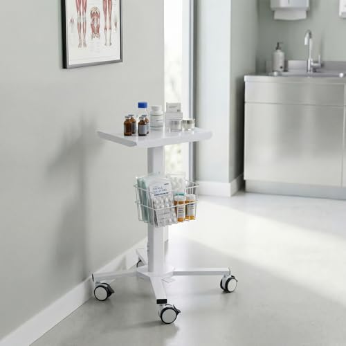 Image of 15.8 inch x 15.2 inch Medical Laptop Workstation Trolley Cart with Wheels Height Adjustable Medical Cart with Storage Basket Load for Dental Clinic, Home Office, Salon Hospital, Lab Use (Heavy Duty)