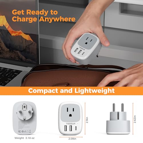 Image of Type E F Plug Adapter USB C, TESSAN Germany France Power Adaptor, Schuko Outlet with 3 USB Ports, Travel Plug for US to Europe EU Spain Iceland Korea Greece Russia German French