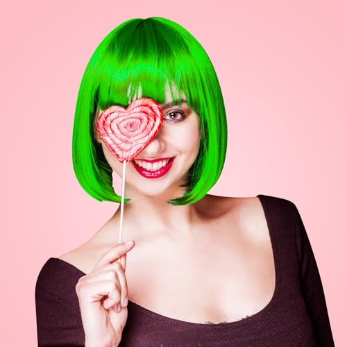 Image of PLULON Green Bob Wig and Sunglass Set, Neon Funny Short Bob Wig Sunglass Pack Colorful Hairpieces Fancy Dress Cosplay Costume Accessories for Women Bachelorette Party Favors, Halloween Decorations