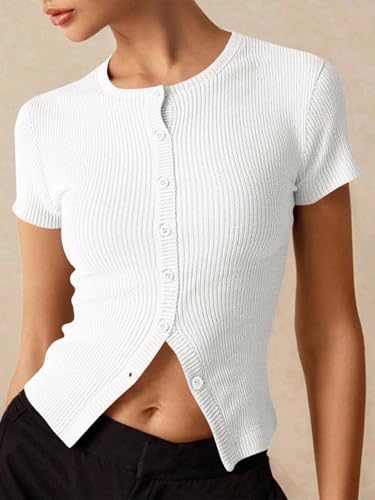 Image of Imily Bela Womens Short Sleeve Sweater Tops Summer Button Down Casual Ribbed Knit Slim Fit Cropped Cardigan Shirts