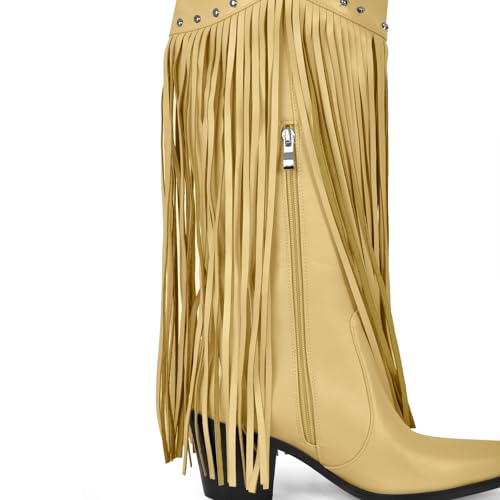 Image of richealnini Western Thigh High Cowboy Boots with Fringe Over Knee Wide Calf Cowgirl Boots