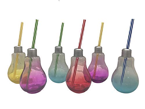 Botellas de vidrio de bombilla para zumos y fiestas infantiles con pajitas de colores
