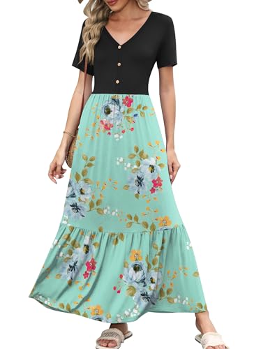 Image of VIISHOW Women's Short Sleeve Maxi Dress 2026 Summer V Neck Knit Loose Plain Empire Waist Casual Dresses with Pockets