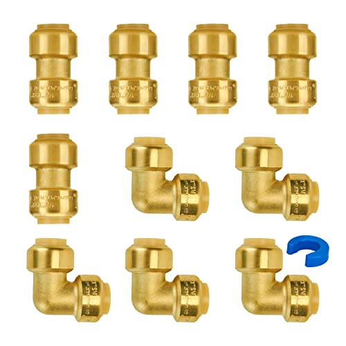 SUNGATOR Push Fittings 1/2 Inch, Straight Coupling (5 PCS), 90 Degree Elbow (5 PCS), No Lead Brass Plumbing Fittings for Pex Pipe, Copper, CPVC, with 1 Disconnect Clip, Pack of 10