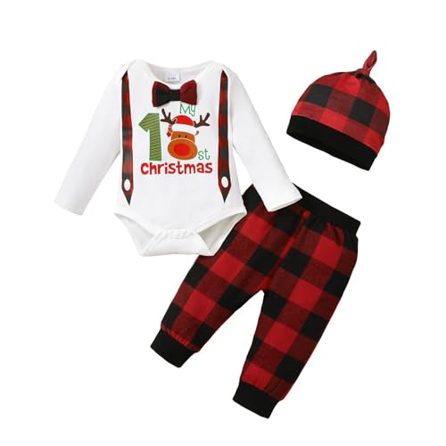 LUJENGEFA Baby Boy My 1st Christmas Clothes Outfit Set Ruffle Top Romper +Pants+ Hat for Infant Girl Xmas Clothing White 0-3 months