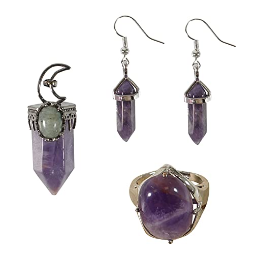 Image of Soulnioi Healing Crystal Amethyst Hexagon Moon Crescent Gemstone Pendant, Amethyst Earrings Crystal Point Hexagonal Dangle Drop Earrings, Amethyst Gemstone Ring, Spritual Healing Jewellery Gifts