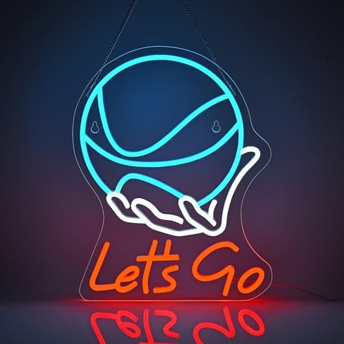 Image of 'Let's Go' Basketball Neon Sign for Wall Decor - 17 inchx12.6 inch, Dimmable LED Sign for Room Decor. Ideal for Boys' & Men's Bedrooms, Living Rooms, & Sports Man Caves. Cool Blue & Red Basketball Gifts Idea!