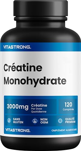 Creatine Monohydrate Creapure Vitastrong, Pure Creatine 3000mg/Dose, Pre Workout, Intra Workout et Post Workout, 120 Comprimés de Créatine, Alternative aux Creatine Gelules et à la Creatine Poudre