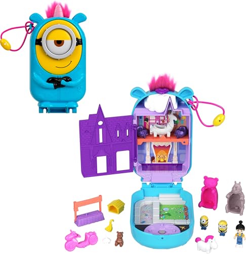 Polly Pocket & Minions Playset with 1 Doll, 2 Minions Figures & Fluffy The Unicorn Toy, Collectible Compact with 9 Accessories