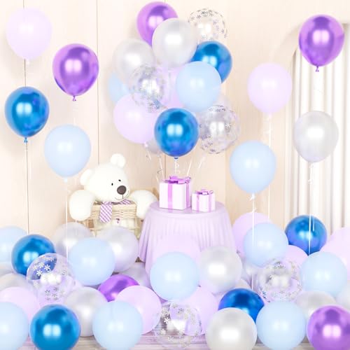 Frozen Balloons,50 Pcs 12 Inch Blue Purple Snowflake Confetti Latex Balloons with 2 Ribbons for Girls Ice Snow Theme Birthday Party Winter Wonderland Decoration