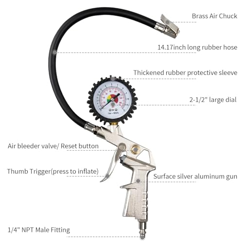 Image of Tire Pressure Gauge, 170 PSI Tire Inflator Gauge with Bike Presta Valve Adapter, 4 Valve Caps, Compatible with Cars, Suvs, Trucks and Motorcycles