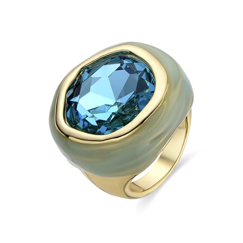 LUXENTER Anillo Mujer en Aleación de Metal con Cristal Color Azul y Dorado Acabado en Oro Amarillo de 18k Modelo Mantis-Talla 14