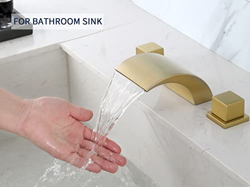 Roman Tub Faucet Deck Mount Waterfall Bathtub Faucet Roman Tub Filler Faucet Widespread Bath Filler Faucet 2 Handle Bathroom Sink Faucets 3 Hole Brass Brushed Gold Vanity Faucet 9016Bg #TOP1
