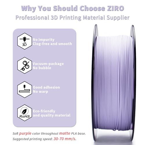 Image of ZIRO Matte Pastel Colors PLA Series, Tougher & Stronger, 1kg Pastel Purple | Fit for Most FDM 3D Printer, 1.75mm 1KG Spool, Dimensional Accuracy + /-0.03mm, Colorful PLA FilamenT