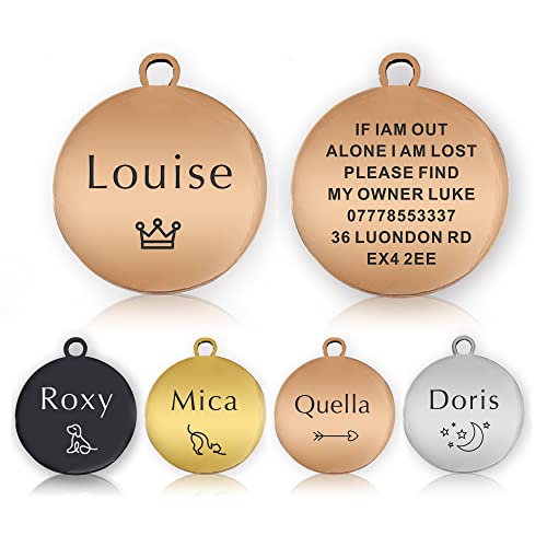 ID Tag Small Large Personalised ID Tag for Pet Dog Doggy Cat Kitten Kitty Puppy Engraved Dog ID Tag (Champagne Gold Round)