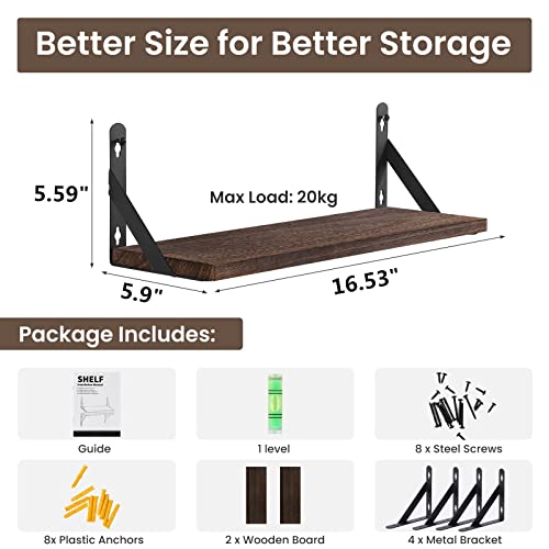 AGM Floating Shelves, Bathroom Shelf Set of 2, Rustic Wood Wall Mounted Shelf for Storage&Room Decor, Floating Shelf for Plants, Book, Bathroom, Bedroom, Kitchen, Office, Living Room(Dark Brown)