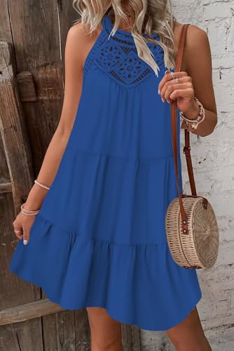 Image of Wkior Womens Summer Dresses 2025 Casual Halter Sleeveless Flowy Mini Dress Tiered Pleated Beach Sundress
