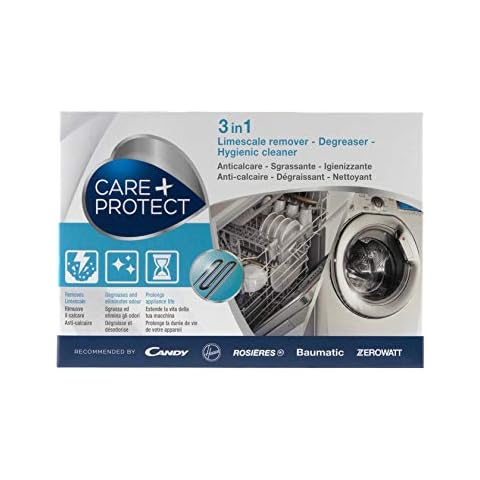 Care + Protect 3 in 1 Washing machine/Dishwasher Cleaner, Limescale Remover, Degreaser, Hygienic Cleaner, Universal, 12 Sachets for 12 Months Supply Cover