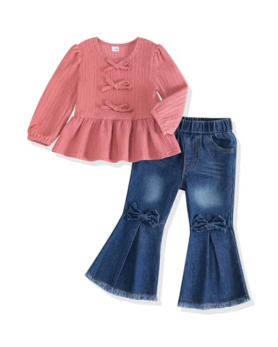 Toddler Baby Girl Clothes, Little Girls Fall Winter Outfits Clothing, Bow Shirt Flared Denim Pants Bell Bottom Jeans - Main Image