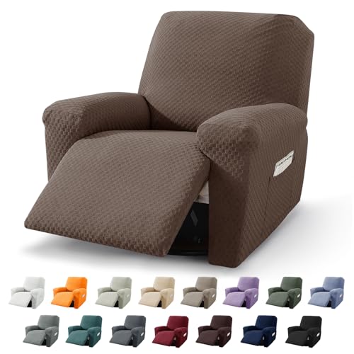 Image of YEMYHOM 4 Pieces Stretch Recliner Slipcover Jacquard Recliner Chair Cover with Side Pocket Anti-Slip Fitted Recliner Cover Couch Furniture Protector with Elastic Bottom (Recliner, Light Coffee)