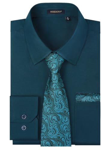 Image of HISDERN Mens Dress Shirt with Tie Pocket Square Set Classic Button Down Shirt Matching Tie Long Sleeve Shirts