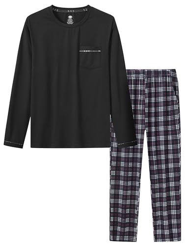 MoFiz-Mens-Pajamas-Plaid-Sets-Sleepwear-Long-Sleeve-Shirts-and-Pants-Lightweight-Soft-Mens-Pjs-Lounge-Set-with-Pockets