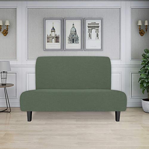 Image of Easy-Going Stretch Medium Futon Slipcover Armless Futon Cover Greyish Green | Sofa Bed Furniture Protector Without Armrests with Elastic Bottom for Kids, Soft Jacquard Machine Washable
