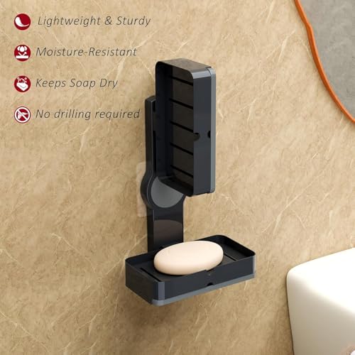 Image of Pack of 3 Plastic Self-Adhesive Double Layers Soap Holder for Bathroom Wall with Removable Drain Tray | No Drill Stickable Soap Stand for Kitchen Sink | Black