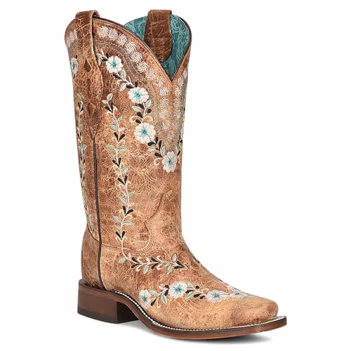 Corral Boots Womens Distressed Glow In The Dark Floral Embroidered Square Toe Casual Boots Mid Calf Low Heel 1-2" - Brown2