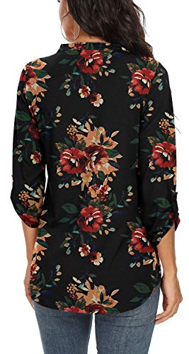 Niloufo – Blusa feminina casual com gola V e manga 3/4 dobrada, Brown Floral Black, X-Large