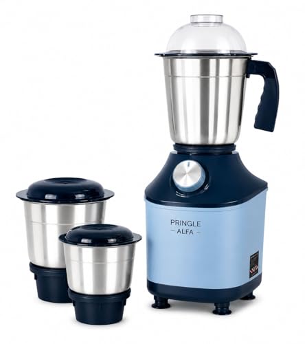 Image of Pringle Alfa 550W 3 Jar Mixer Grinder for Kitchen | 3 SS Jars (Liquidizing, Wet & Dry Grinder & Chutney) | Stainless Steel Blades | Compact & Powerful | 5 Yr Warranty | Blue