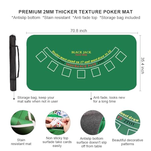Image of PATPAT Blackjack Poker Table Mat 70.8x35.4 inches Standard Green Smooth Blackjack Table Mat with 7 Betting Boxes Anti-Slip Poker Mats
