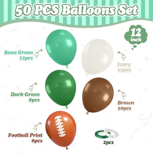 Image of Football Balloons, 50 Pcs Green Brown for Boys Sports Birthday Party Decor