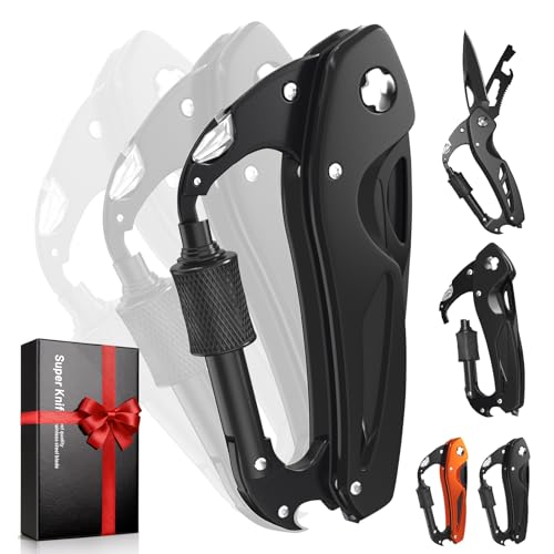 Carabiner Multitool 9-in-1 EDC Pocket Knife, Hexwrench, Saw, Screwdriver, Bottle Opener, Breaker, Survival Gear for Camping Climbing, Christmas Gifts for Men Women, Stocking Stuffers (Black)