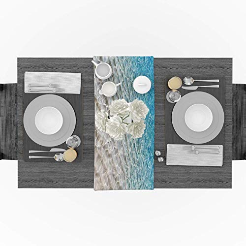 Blue Yellow Cotton Linen Table Runner Dresser Scarf Tropical Sandy Beach Clear Sea Water Non-Slip Burlap Rectangle Table Setting Decor for Wedding Party Holiday Dining Home, 13x70 Inches Long - Image 3
